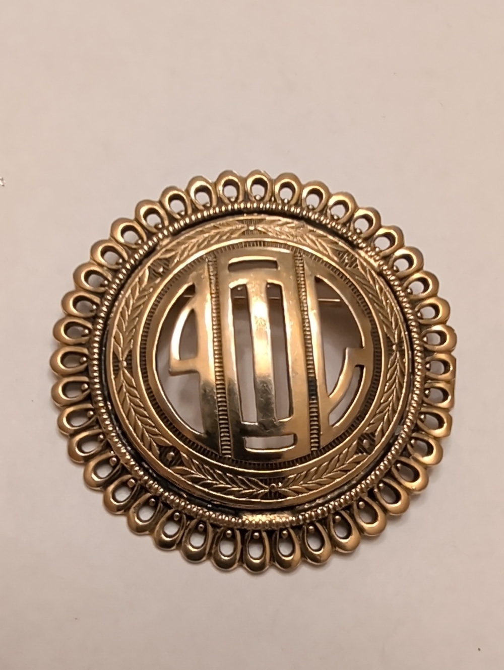 Gold Filigree Monogram Brooch — Elegant Round Statement Pin